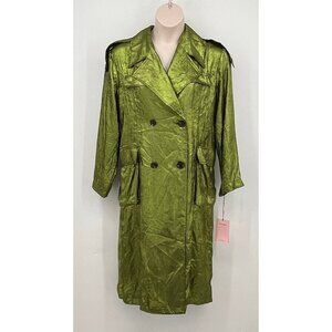 Avec Les Filles Trench Coat Size M Green Crinkle Satin Double Breasted-Flawed
